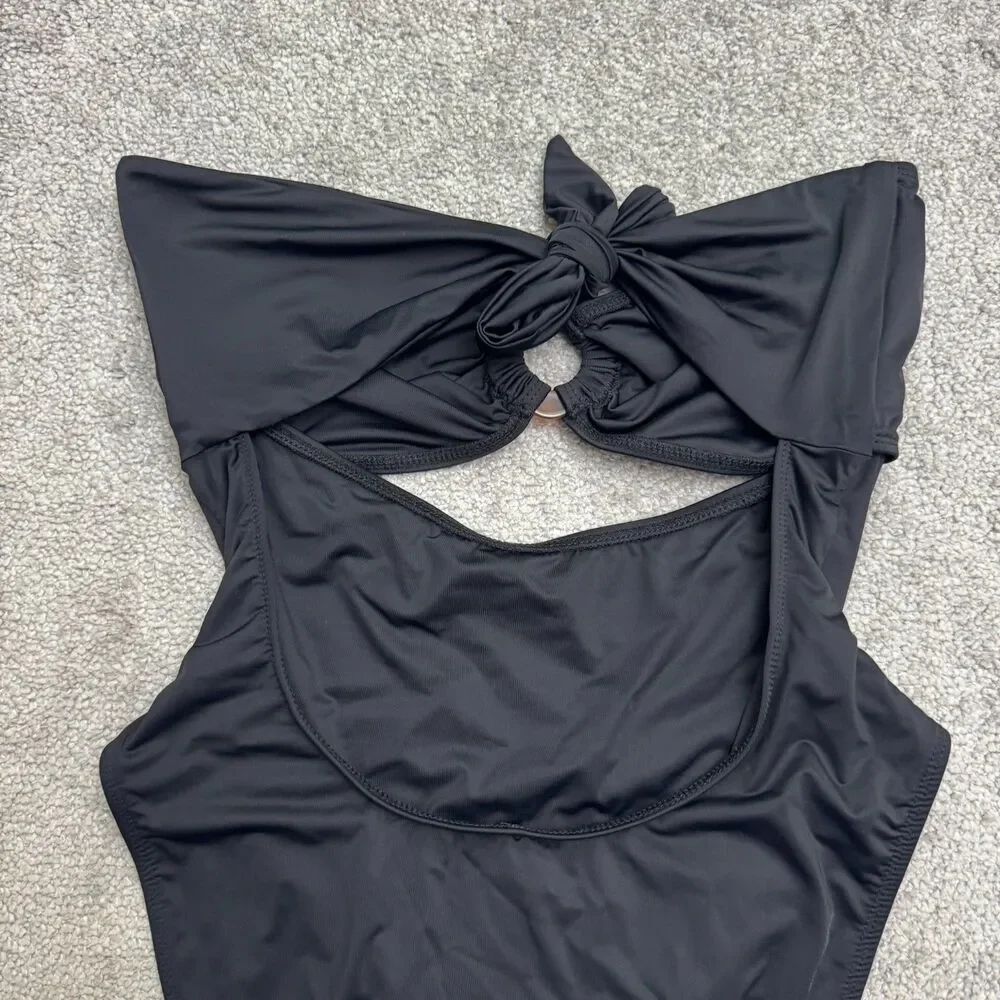 Lulus Halter O-Ring Cutout High Leg One Piece Swimsuit Womens XL Black Pull On